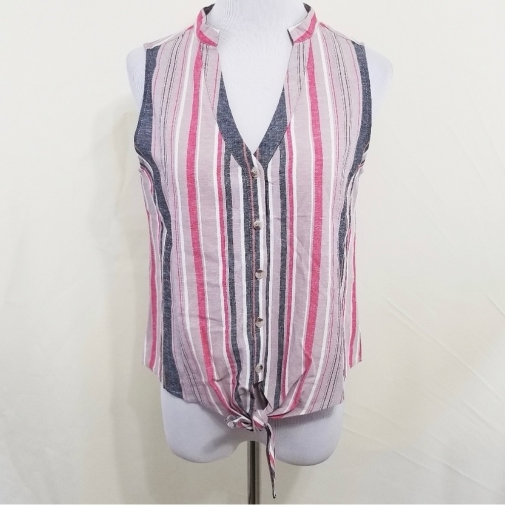 Drew linen striped tank top tie front button red NEW
